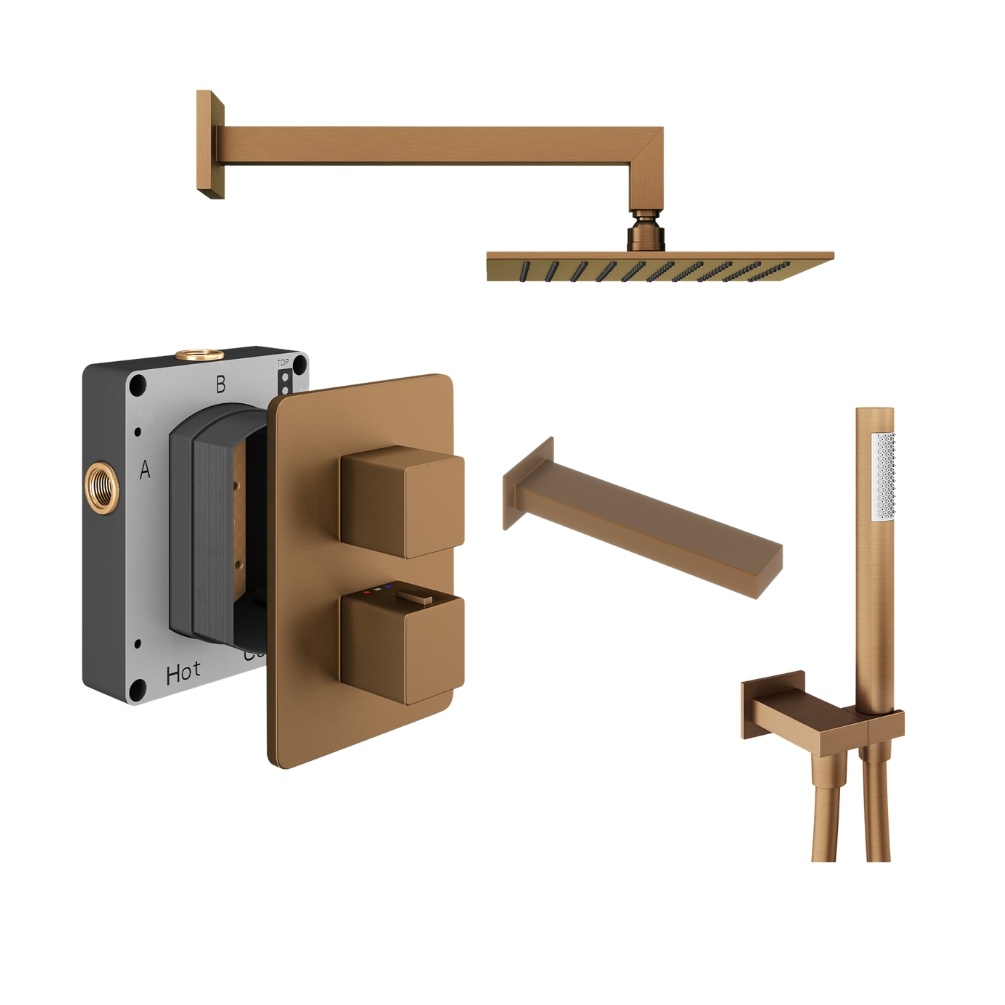 Product Cut out image of the Abacus Square Brushed Bronze 3 Outlet Shower Pack with Bath Spout & Handset